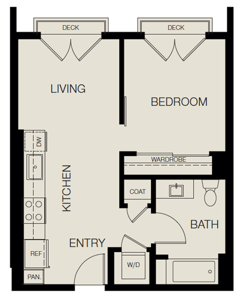 Floor plan for 1 bed, 1 bath, 485 sqft